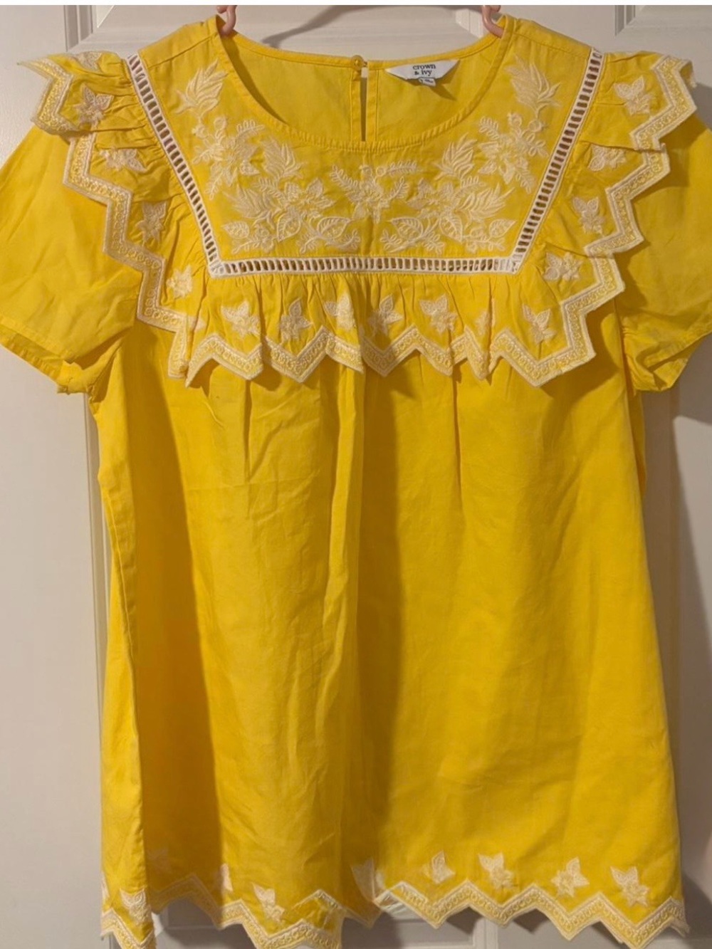 Crown & Ivy Yellow Embroidered Ruffle Peasant Top (NWT)
